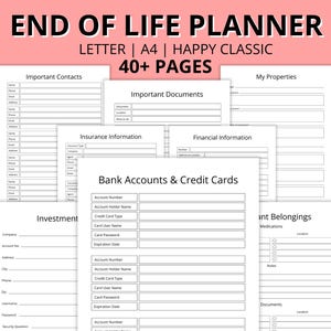 Paquete de planificador de fin de vida, en caso de emergencia, planificador de funerales, planificador de muertes, últimos deseos, testamento, documentos importantes, imprimible