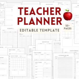Può includere: Un modello modificabile di pianificatore per insegnanti con oltre 50 pagine di moduli stampabili in bianco e nero. Il testo centrale recita TEACHER PLANNER EDITABLE TEMPLATE con un grafico a mela rossa. Include piani giornalieri e lezioni.