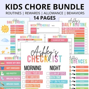 Bearbeitbares Kids Chore Chart Bundle, Schule, Belohnung, Zulage, tägliche Checkliste, wöchentliche Aufgaben, Verhalten, Folgen, Bildschirmzeit, Brief