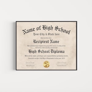 May include: A black and white high school diploma with a gold seal. The diploma is for Recipient Name and was awarded on the 15th day of September in the year 2025.