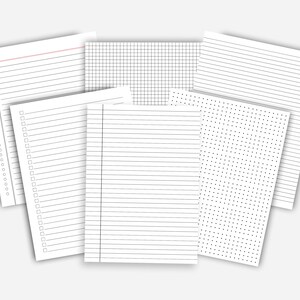 May include: A collection of white paper sheets with various patterns, including lined, dotted, grid, and checklist designs. The papers are arranged in a slightly overlapping layout, suitable for note-taking or journaling.