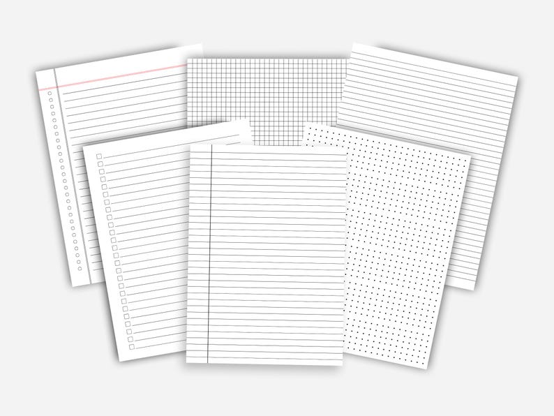 May include: A collection of white paper sheets with various patterns, including lined, dotted, grid, and checklist designs. The papers are arranged in a slightly overlapping layout, suitable for note-taking or journaling.