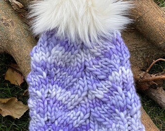 Handknit Merino Wool Beanie: Lavender Ombre, Faux Fur Pom Handknit Merino Wool Beanie: Lavender Ombre, Faux Fur Pom - Etsy main image 4