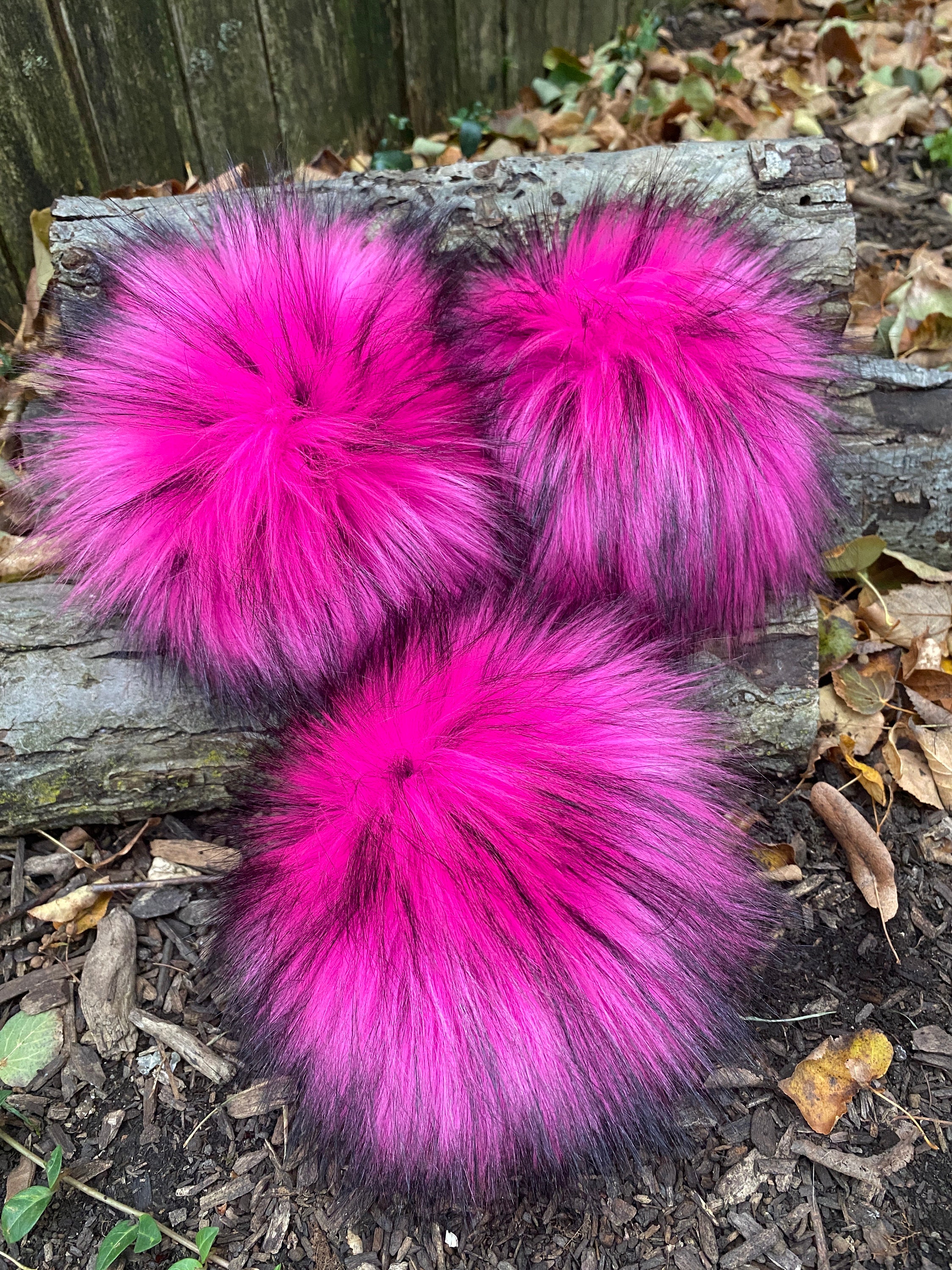 Hot Pink Faux Fur Pom With Black Tips: Handmade Knit Hat  display picture 3