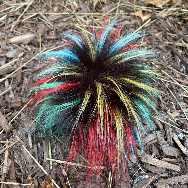 Multi Colored Faux Fur Pom For Knit Hats, Long Pile Faux Fur Pom, Black Center With Multi-Colored Wisps, Pom Pom,  Unique, Luxury, 4 Sizes