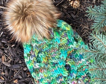 Handknit Merino Wool Beanie: Green Alpine Tree Pattern, Faux Fur Pom Alpine Merino Wool Knit Beanie: Green Tree Pattern, Faux Fur  main image 3