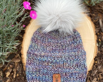 Handknit Merino Wool Beanie: Lavender Ombre, Faux Fur Pom - Etsy