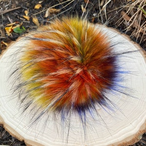 Multi Colored Faux Fur Pom For Knit Hat, Dense Long Pile Faux Fur, Navy, Burnt Orange and Olive w/ Wispy Blue Tips, Unique, Pom Pom, 4 Sizes