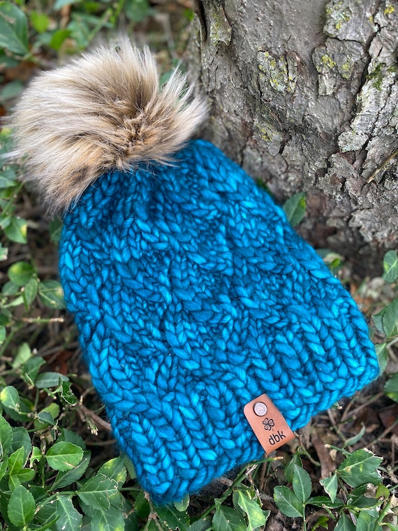 Handknit Merino Wool Beanie: Teal Blue With XL Faux Fur Pom  display picture 1