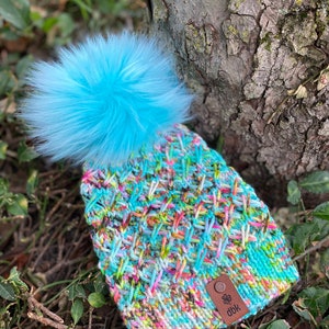 Luxury Handknit Adult Beanie/Midweight Hand-Dyed 100% Merino Wool/Multi-Colored Vibrant Hues/XL Aqua Faux Fur Pom