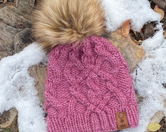 Handknit Cabled Rosy Mauve Chunky Women's  Beanie With Faux Fur Pom/Handmade Adult Knit  Hat/Hand Dyed Luxury Merino Yarn/XL Faux Fur Pom