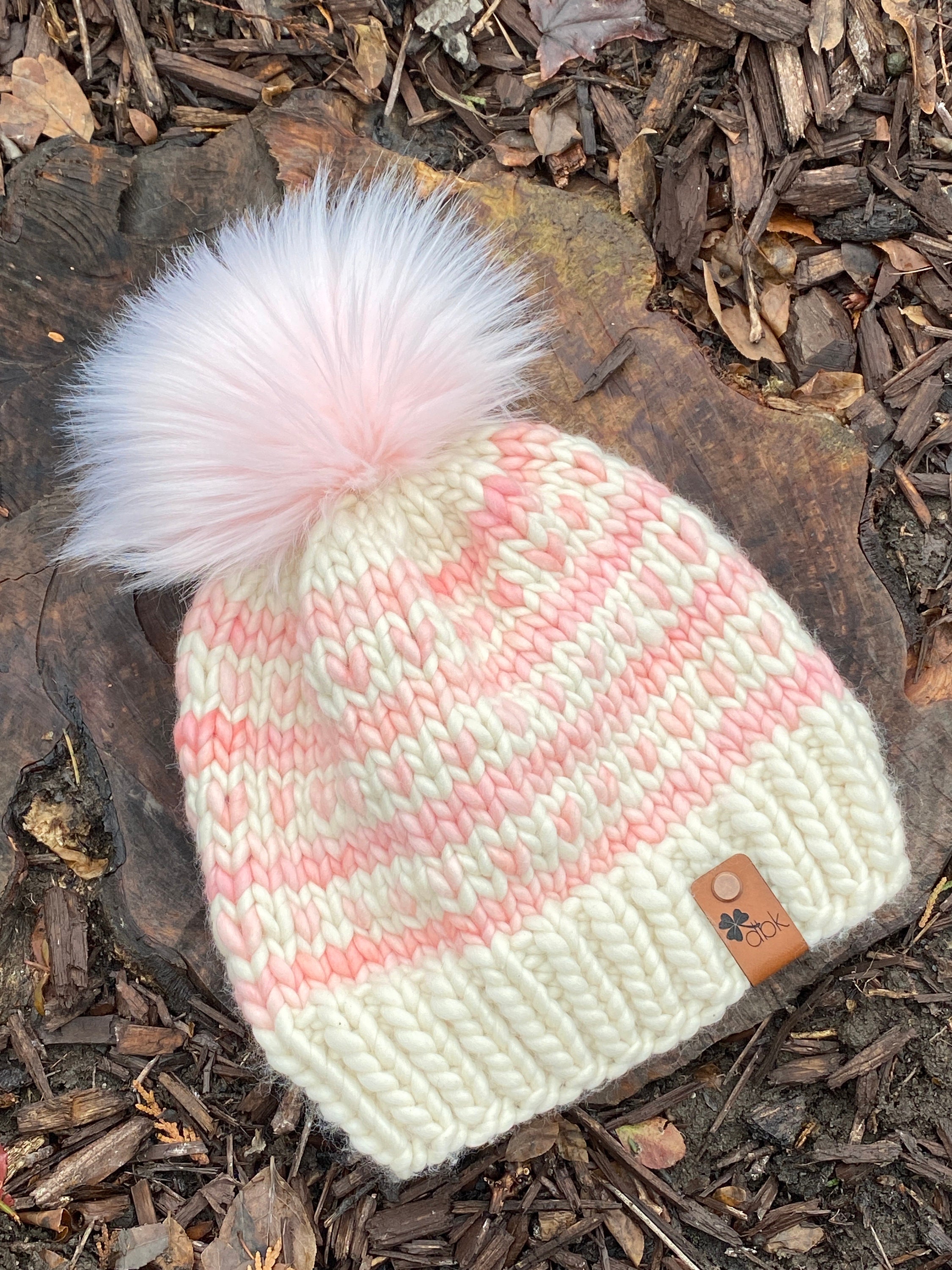 Handknit Merino Wool Beanie: Pink Heart Stitches, XL Faux 