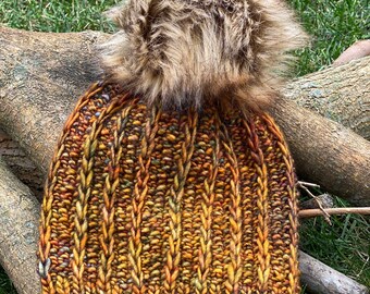 Handknit Merino Wool Beanie: Alpine Tree Pattern, Faux Fur  display picture 1