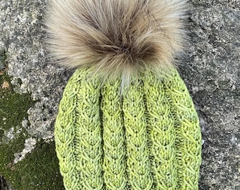 Handknit Merino Wool Beanie: Alpine Green Tree Pattern, Faux Fur Pom Alpine Merino Wool Knit Beanie: Green Tree Pattern, Faux Fur  main image 2