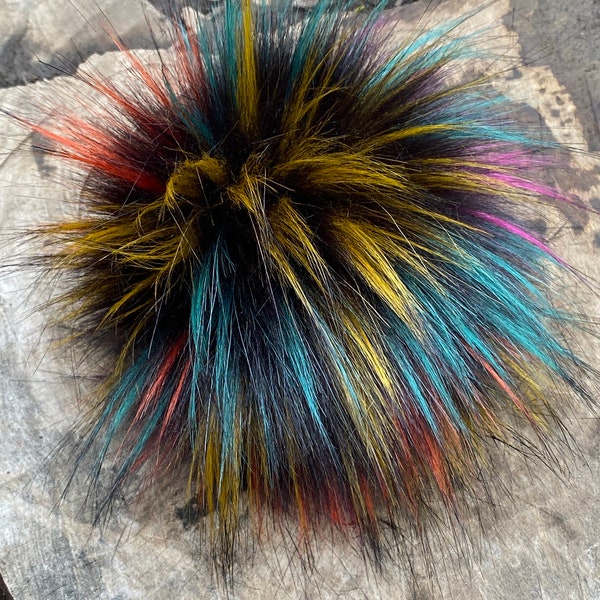 Multi-Colored Faux Fur Pom For Knit Hats, Black Center With Spikes Of Teal Fuchsia Red and Goldenrod, Dense Long Pile Fur, Pom Pom, 2 Sizes