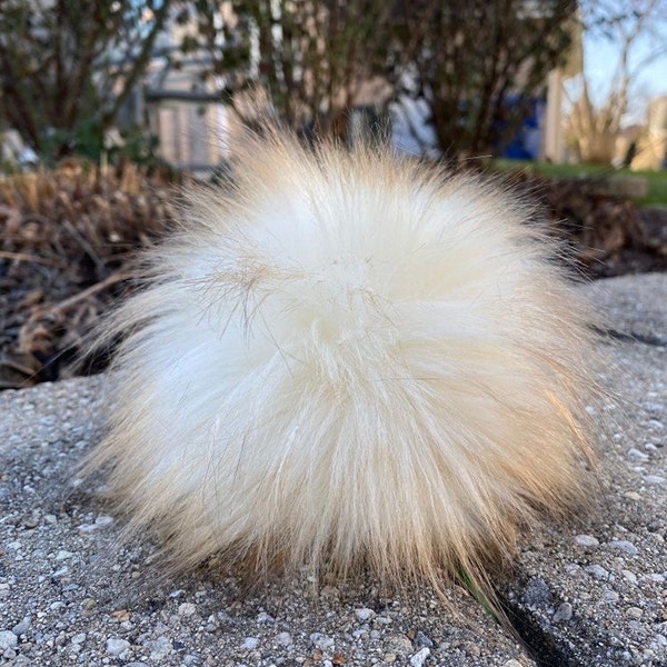 Vanilla Cream Faux Fur Pom With Caramel Brown Tips For Knit Hats, Dense Long Pile Faux Fur, Luxury, Pom Pom, Silky,  Handmade, 4 Sizes