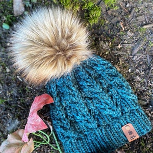 Handknit Dark Green Chunky Women&#39;s  Beanie With Faux Fur Pom/Handmade Adult Knit  Hat/Toque/Hand Dyed Luxury Merino Yarn/XL Faux Fur Pom