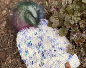 Handknit Merino Wool Beanie: White & Lavender Snowflake Hat  display picture 1