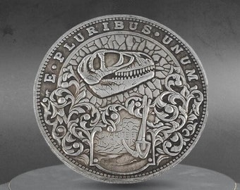 Ｔレックス化石発見記念銀貨 手打ちモルガン銀貨 彫刻ティラノサウルス レックス (T-Rex) 恐竜の