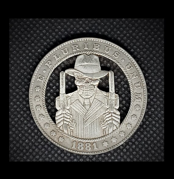 Hand Cut Old Skull Gangster Vintage Mafia Fantasy Hobo Coin  