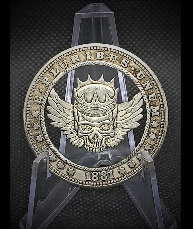 Hand Cut Skull King With Wings Satin Lucifer Hobo Coin Cutting Jewelry ...