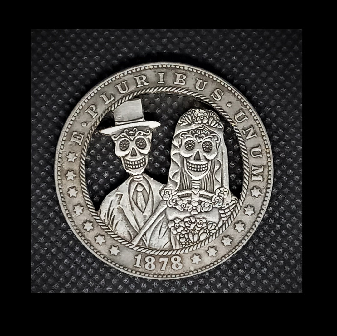 Hand Cut Skull Man and Wife Marriage Wedding Hobo Coin Cutting Jewelry ...