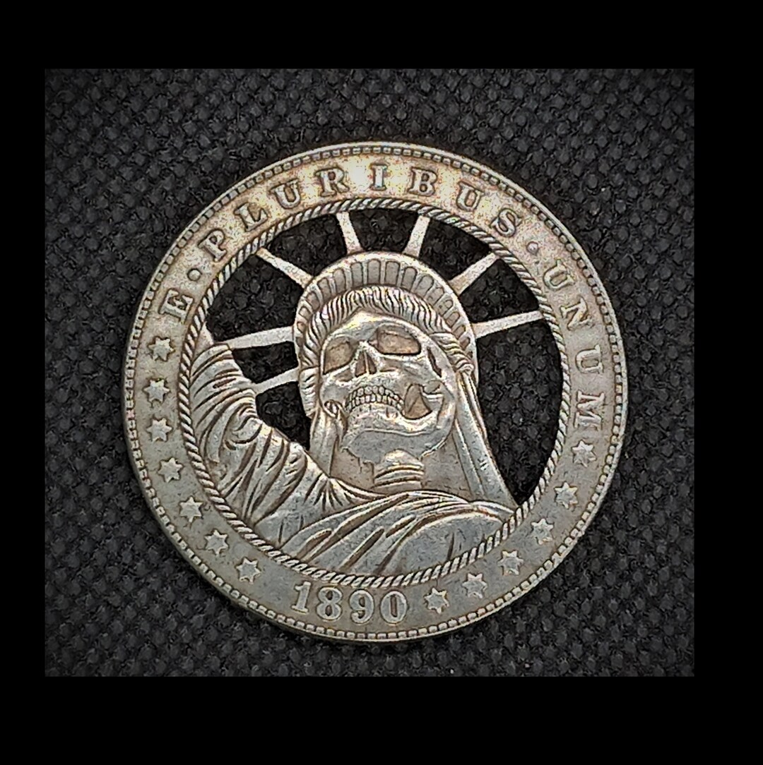 Hand Cut Skull Statue of Liberty New York Hobo Coin Cutting Jewelry Art ...