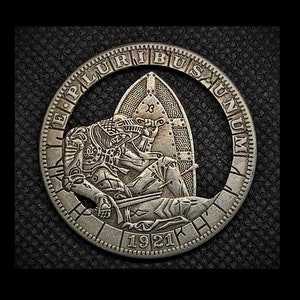 Hand Cut Medieval Templar Knight God Jesus Hobo Coin Cutting Jewelry Art American Dollar Pendant Custom Made USA Unique Vintage Jewellery