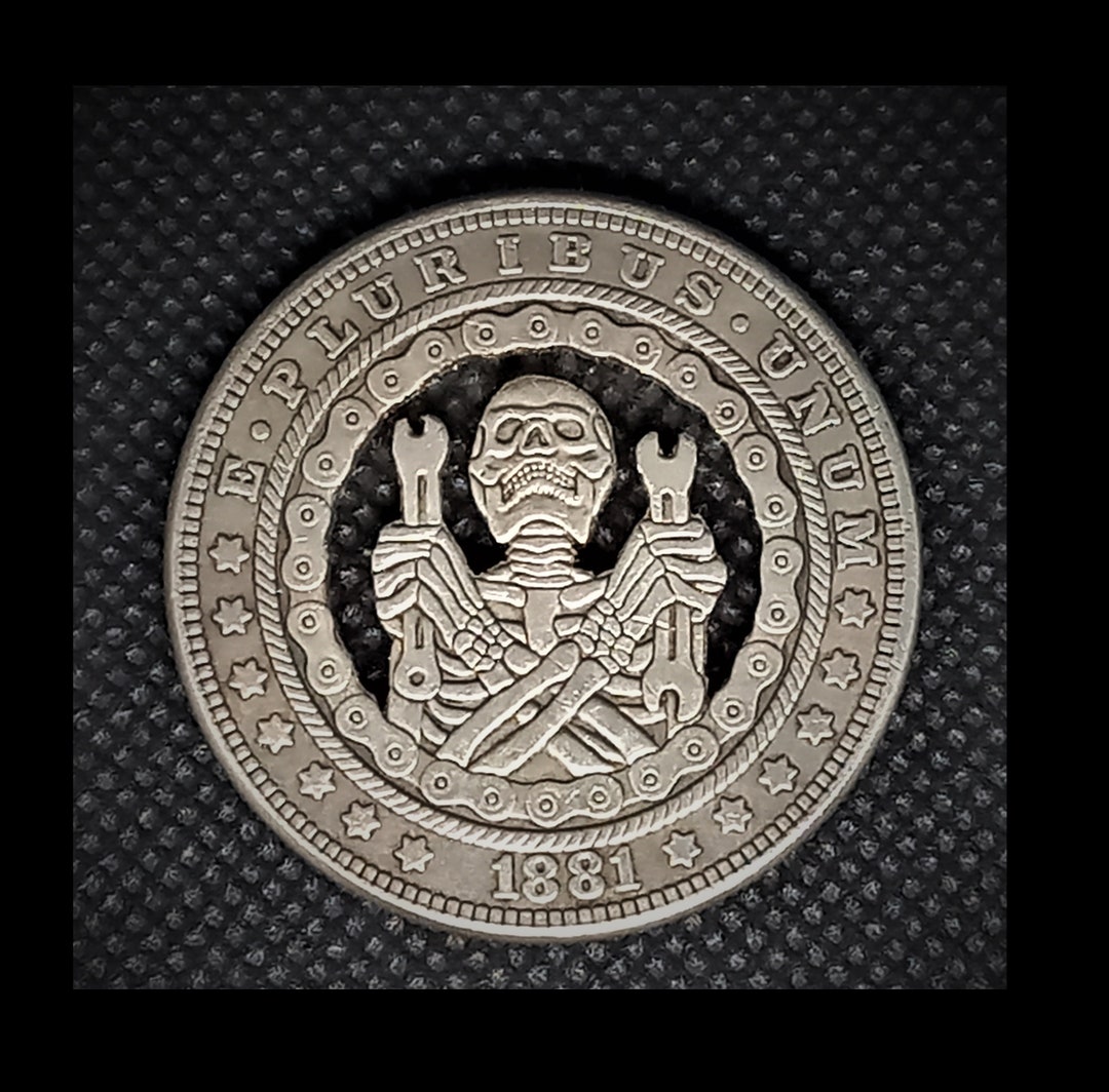 Hand Cut Skull Mechanic Nuts and Bolts Hobo Coin Cutting Jewelry Art ...