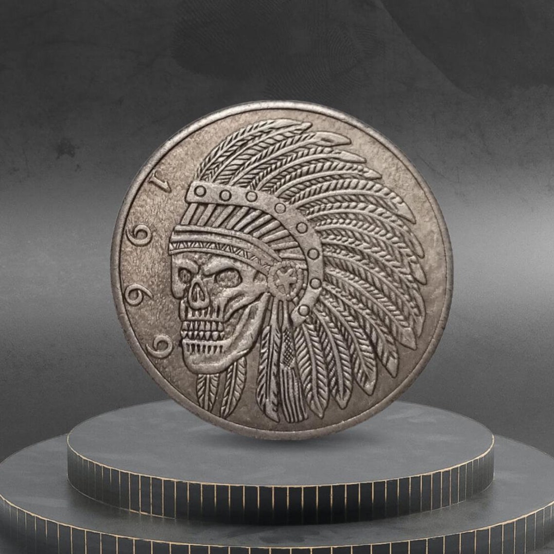 Hobo Coin Skull Indian Brave Warrior Headdress American Custom Coin Half Dollar