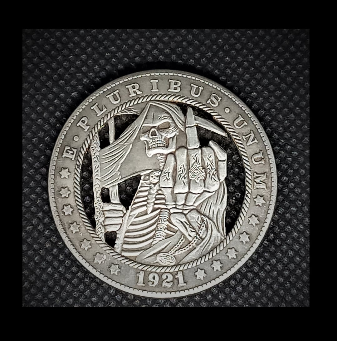 Hand Cut Skull Angel of Death Good Evil Demon Hobo Coin Cutting Jewelry ...