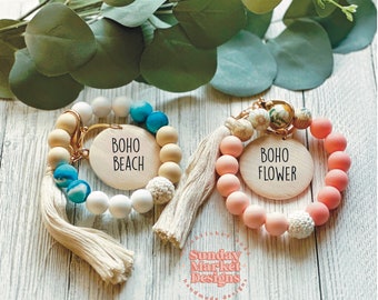 Personalized Silicone Beaded Keychain Wristlet: Engraved Wood Disc