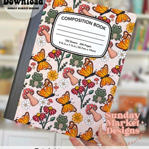 May include: A composition notebook cover with a whimsical design featuring orange butterflies, green frogs, and red-capped mushrooms on a pink background. The cover includes the text "COMPOSITION BOOK" and dimensions of 6.9" x 10".