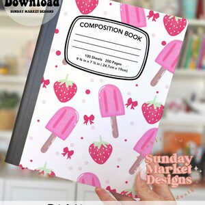 Printable Strawberry Ice Cream Composition Notebook Cover: Girly Journal Design, PNG Digital Download, Fruit