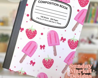 Portada imprimible para cuaderno de composición de helado de fresa: Diseño de diario femenino, descarga digital PNG, fruta