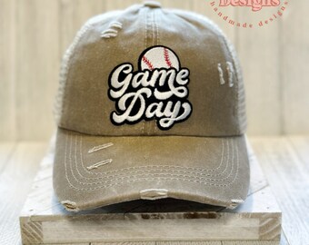 Distressed Baseball Mom Hat: Game Day Ponytail Cap