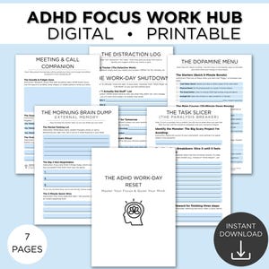 Könnte beinhalten: Ein digitales und druckbares ADHD Focus Work Hub mit sieben Seiten. Die Seiten enthalten Anleitungen für Meetings, Ablenkungen, Dopamin und mehr. Das Cover zeigt den Text "The ADHD Work-Day Reset" mit einer Gehirn- und Lotusblumen-Grafik.