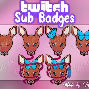 Könnte beinhalten: Eine Sammlung von Twitch-Sub-Badges mit stilisierten Hirschköpfen in verschiedenen Designs. Einige Hirsche haben blaue Schmetterlingsakzente, andere geschlossene Augen. Der Text "Twitch Sub Badges" ist oben abgebildet, mit dem Namen des Künstlers unten.