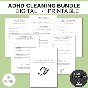 Könnte beinhalten: Eine Sammlung druckbarer ADHD-Reinigungsanleitungen. Das Bundle enthält Seiten mit Titeln wie "The Laundry Flow Chart", "The Emergency 'Guest is Coming' Reset" und "The ADHD Home Reset". Das Bild zeigt auch den Text "Digital Printable".