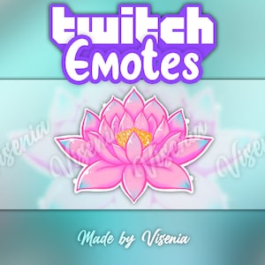 Könnte beinhalten: Digitalgrafik mit einer rosa Lotusblume mit goldenem Zentrum und blauen Akzenten. Der Text "Twitch Emotes" steht oben, mit "Made by Visenia" unten. Der Hintergrund ist ein Farbverlauf aus Türkis und Hellblau.