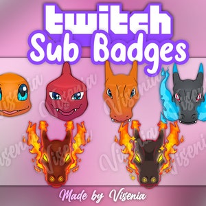 Könnte beinhalten: Eine Sammlung von Twitch-Sub-Badges mit Cartoon-Illustrationen von Kreaturen vom Typ Feuer. Die Abzeichen zeigen verschiedene Entwicklungsstadien in Orange, Rot und Schwarz. Der Text "Twitch Sub Badges" ist oben abgebildet.