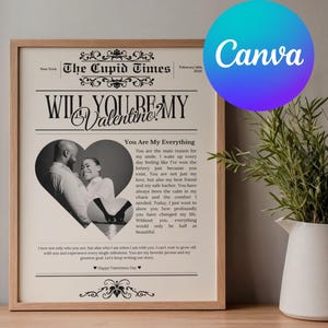 Könnte beinhalten: Gerahmter Valentinstagsdruck im Zeitungsstil. Die Überschrift lautet "Willst du mein Valentin sein?" mit einem herzförmigen Foto eines Paares. Der Text enthält "Du bist alles für mich" und eine Liebesbotschaft. Das Canva-Logo ist sichtbar.
