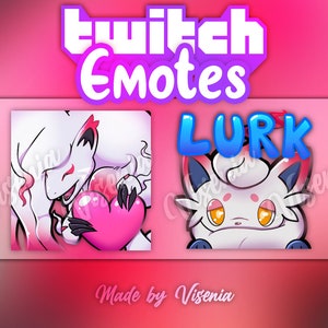 May include: Pink and white Twitch Emotes graphic. The top text reads "Twitch Emotes" in white and purple. The bottom text reads "Made by Visenia". Two cartoon images are displayed. One is a white creature holding a pink heart. The other says "LURK".