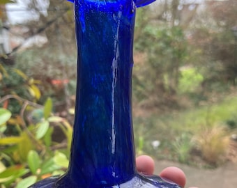 Vintage cobalt blue hand blown glass candlestick
