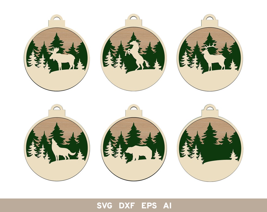 Wildlife Christmas Ornament SVG Bundle, Deer Ornament Digital Laser