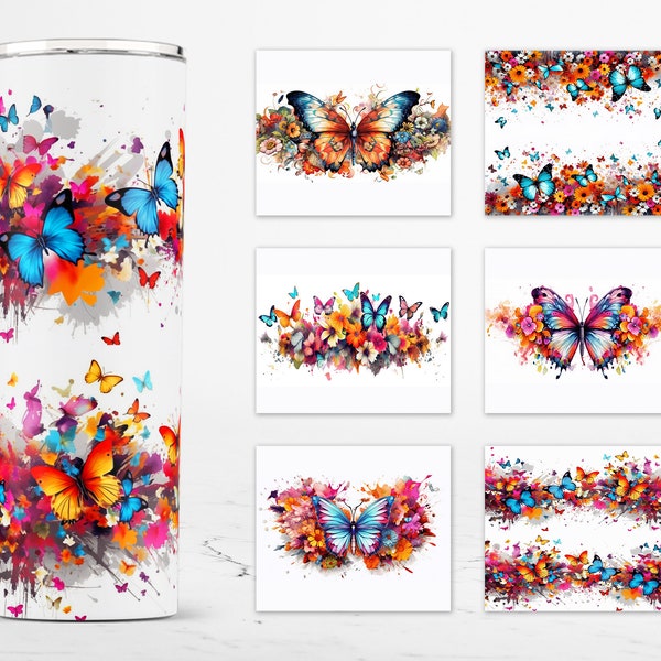 Butterfly Tumbler png, 20oz Skinny Sublimation Tumbler PNG, Butterfly Tumbler Wrap png, Neon Butterfly, Flowers, Colorful,Sublimation Design