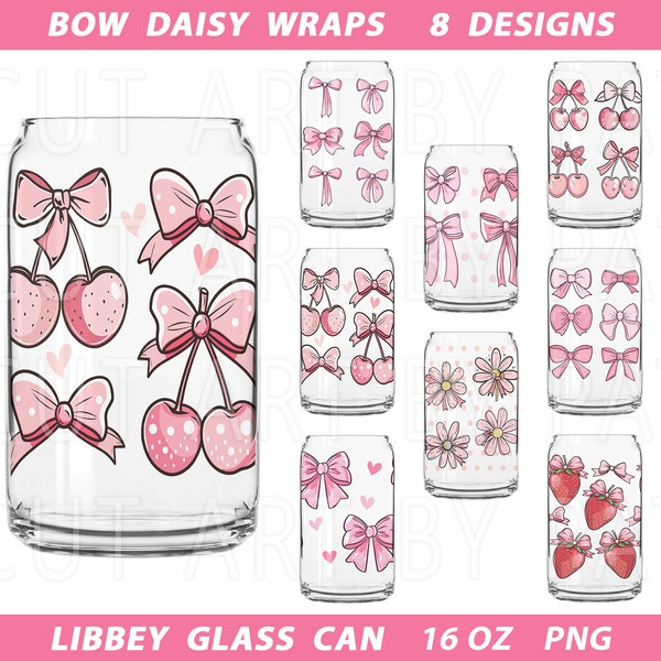 Bow Daisy Can Glass Wrap Png, Ribbon Can Glass Wrap Bundle, Coquette Can Glass Wraps, Cherry Can Glass Wrap Png, Pink Bow Can Glass Wrap Png