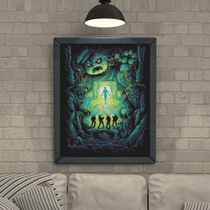 May include: A framed poster featuring a green and black illustration of a group of people walking towards a glowing doorway. The doorway is surrounded by a large, menacing creature with glowing red eyes.