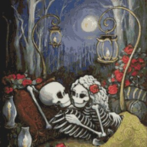 May include: A skeletal couple is lying in a bed under a full moon, surrounded by roses and lanterns. The skeletons are holding each other and smiling. The scene is romantic and whimsical.