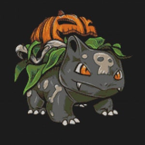 May include: A gray and green Pokemon character with a skull on its head, wearing a jack-o'-lantern on its head.